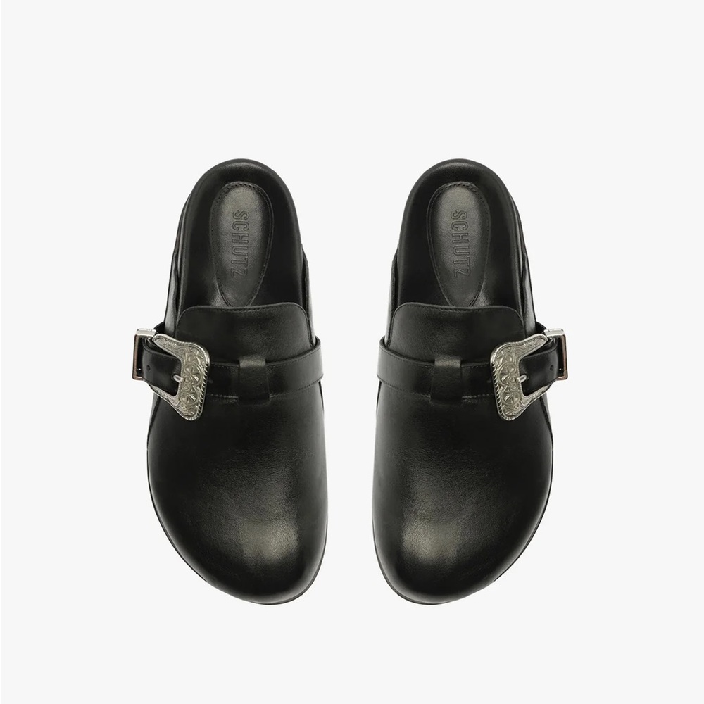 SCHUTZ Black Leather Buckle Mules — WMNS 10
